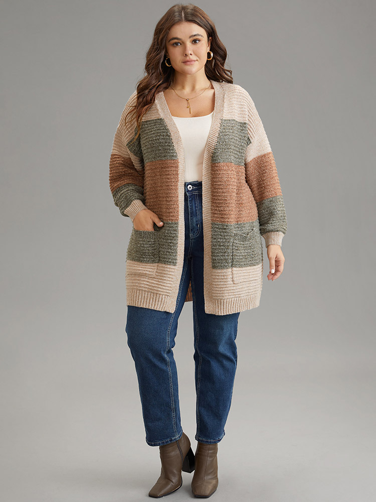 Plus Size Cardigans | Plisse Colorblock Patched Pocket Open Front Cardigan | BloomChic 
