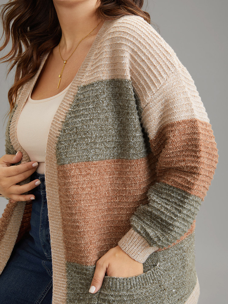 Plus Size Cardigans | Plisse Colorblock Patched Pocket Open Front Cardigan | BloomChic 