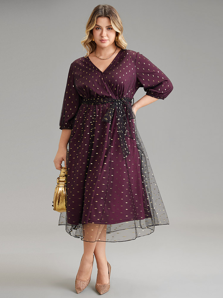 

Plus Size Geometric Tiered Mesh Belted Wrap Dress RedViolet Women Glamour Elastic cuffs Overlap Collar Elbow-length sleeve Curvy Midi Dress BloomChic