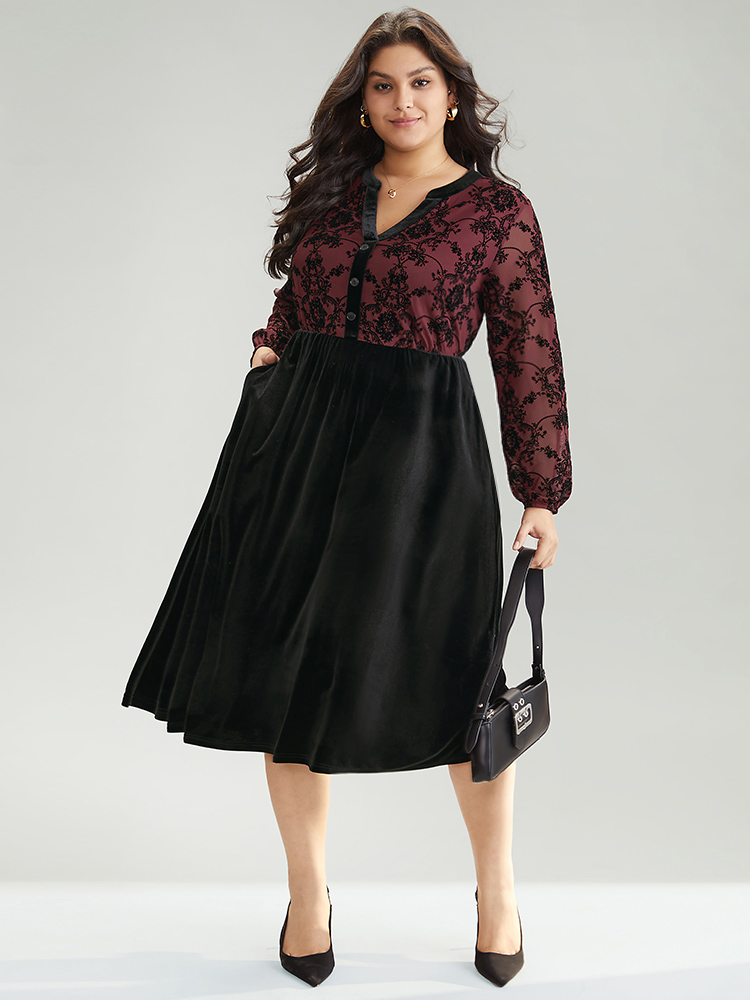 

Plus Size Silhouette Floral Print Patchwork Flocking Notched Dress Russet Women Office Velvet Notched collar Long Sleeve Curvy Midi Dress BloomChic