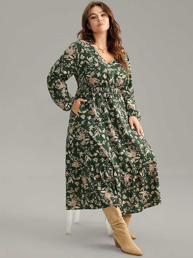 

Plus Size Floral Shirred Pocket Lantern Sleeve Dress DarkGreen Women Elegant Elastic cuffs V-neck Long Sleeve Curvy Midi Dress BloomChic