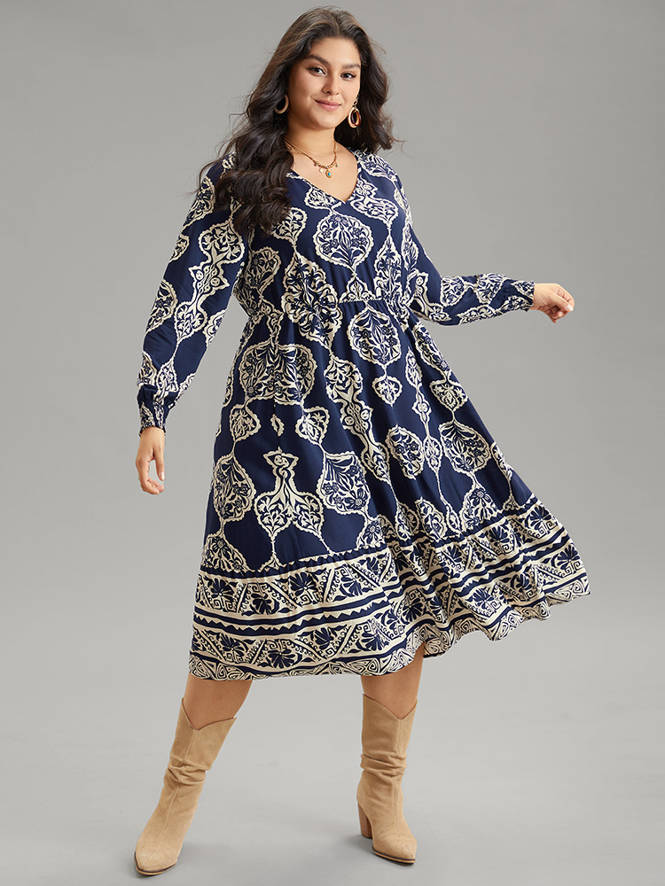 Plus Size Women Vacation Bohemian Print Shirred Regular Sleeve Long Sleeve V-neck Pocket Resort Dresses BloomChic 