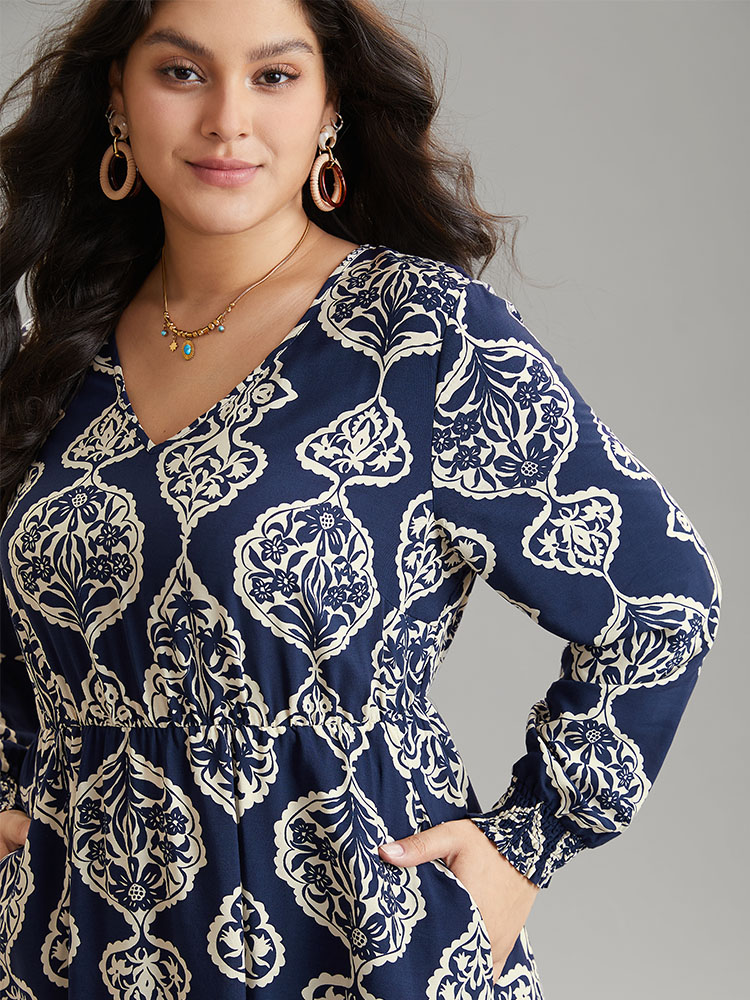 Plus Size Women Vacation Bohemian Print Shirred Regular Sleeve Long Sleeve V-neck Pocket Resort Dresses BloomChic 