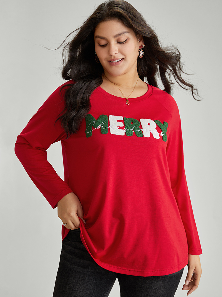 

Plus Size Christmas Terry Embroidered Raglan Sleeve T-shirt Red Women Casual Contrast Christmas Festival-Christmas T-shirts BloomChic