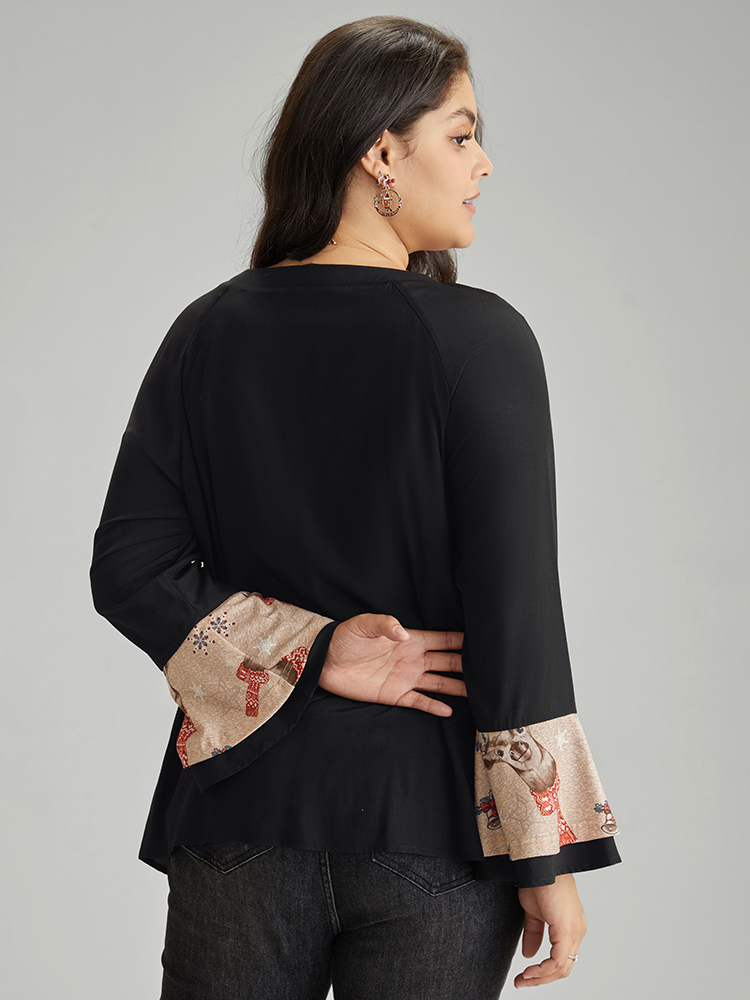 Plus Size Black Christmas Print Ruffles Patchwork Bell Sleeve Lace Up Blouse Women Elegant Long Sleeve Tie Neck Festival-Christmas Blouses BloomChic 14-16/1X 