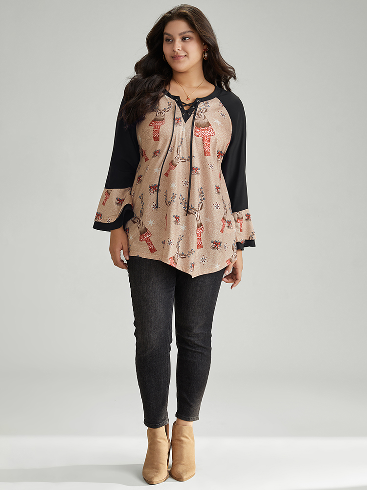 

Plus Size Black Christmas Print Ruffles Patchwork Bell Sleeve Lace Up Blouse Women Elegant Long Sleeve Tie Neck Festival-Christmas Blouses BloomChic