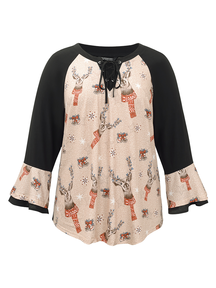 Plus Size Black Christmas Print Ruffles Patchwork Bell Sleeve Lace Up Blouse Women Elegant Long Sleeve Tie Neck Festival-Christmas Blouses BloomChic 14-16/1X 