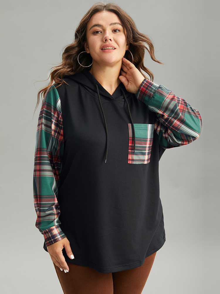 Plus Size Women Festival-Christmas Plaid Pocket Regular Regular Sleeve Long Sleeve Hooded Pocket Casual Sweatshirts BloomChic 