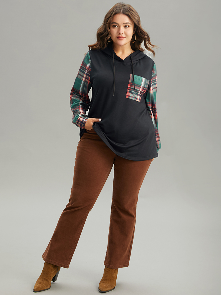 Plus Size Women Festival-Christmas Plaid Pocket Regular Regular Sleeve Long Sleeve Hooded Pocket Casual Sweatshirts BloomChic 