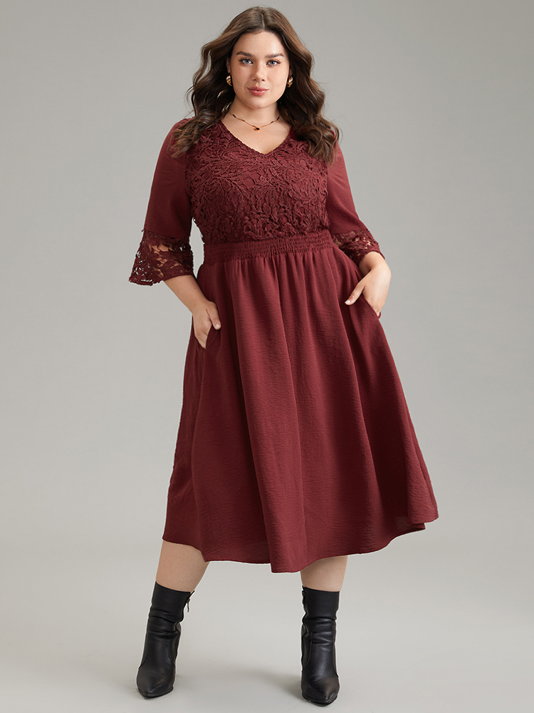 

Plus Size Geometric Shirred Lace Patchwork Bell Sleeve Dress Scarlet Women Elegant Plain V-neck Elbow-length sleeve Curvy Midi Dress BloomChic