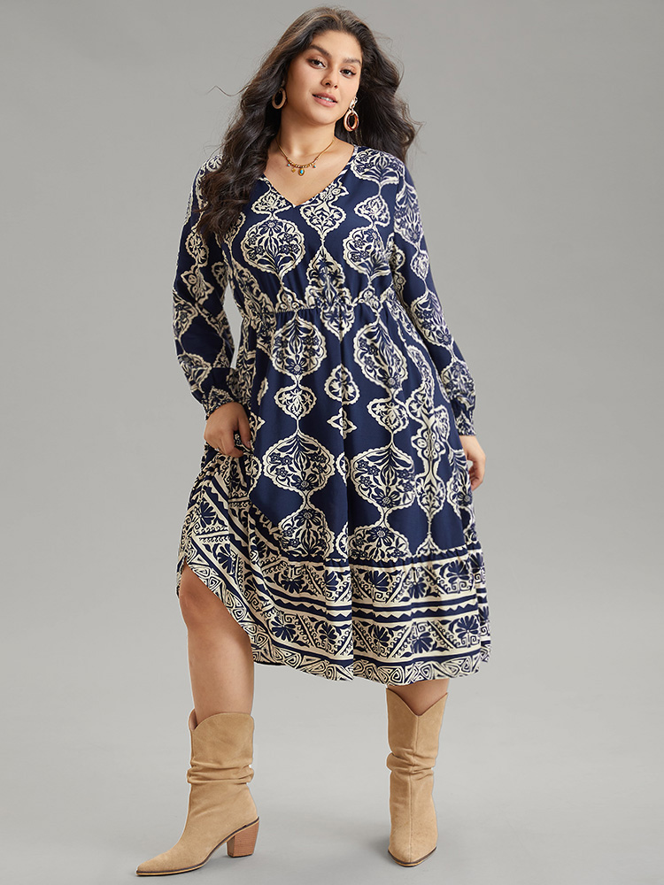 Plus Size Women Vacation Bohemian Print Shirred Regular Sleeve Long Sleeve V-neck Pocket Resort Dresses BloomChic 