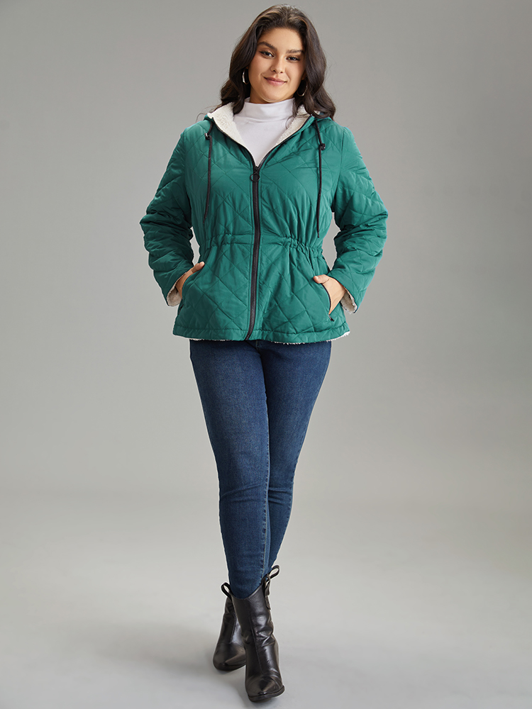 

Plus Size Drawstring Quilted Zipper Fluffy Patchwork Jacket Women DarkGreen Texture Pocket Everyday Jackets BloomChic