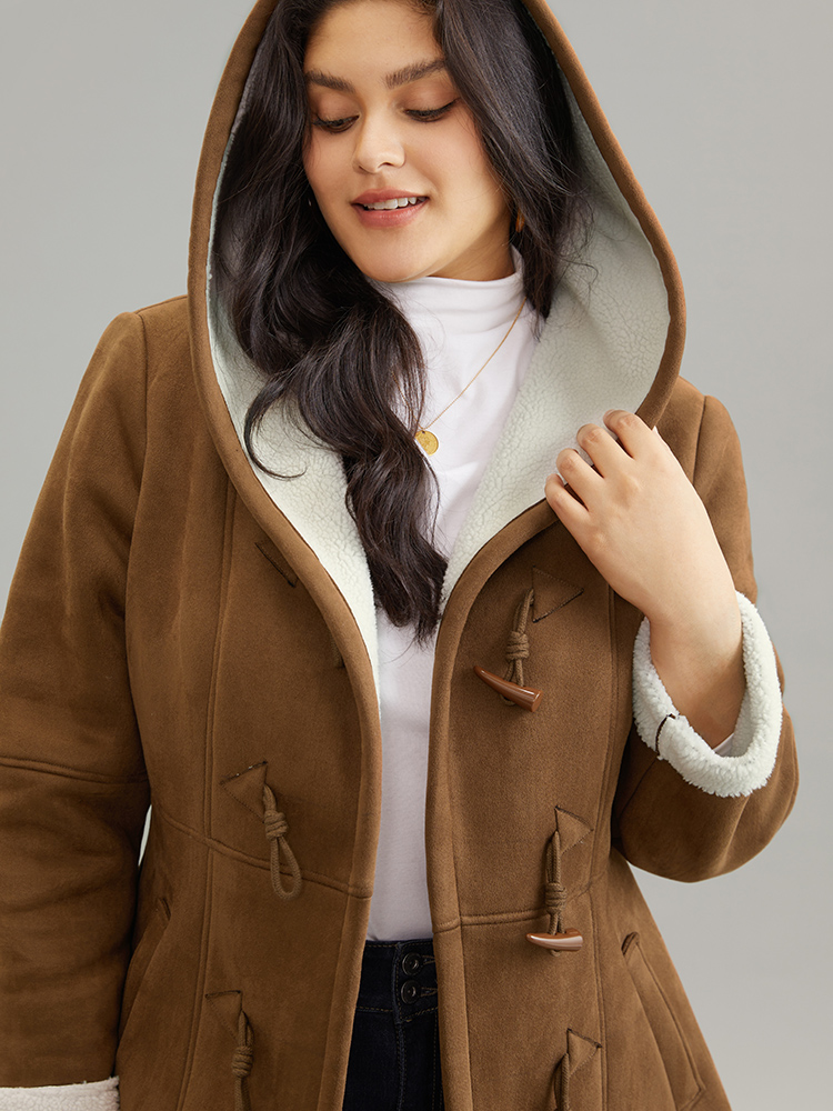 

Plus Size Contrast Duffle Button Fluffy Hooded Coat Women DarkBrown Casual Lined Ladies Dailywear Winter Coats BloomChic