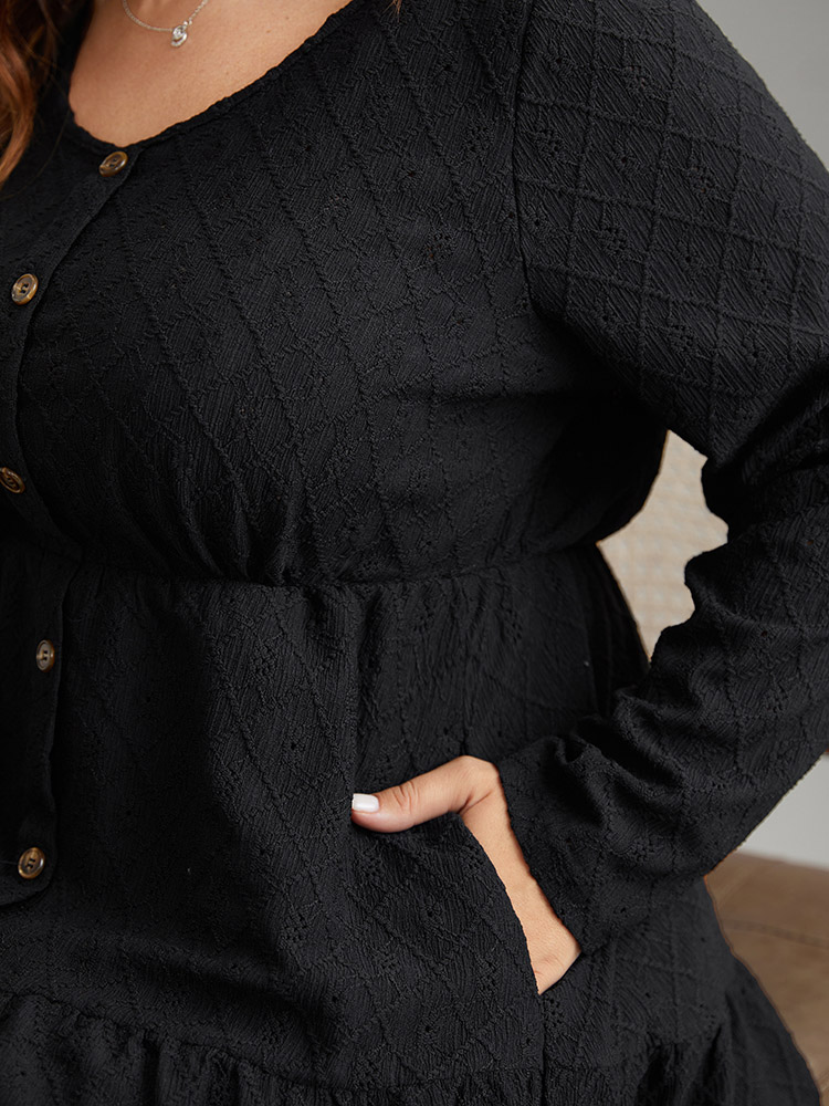 Plus Size Women Work Plain Patchwork Regular Sleeve Long Sleeve Round Neck Pocket Office Dresses BloomChic 