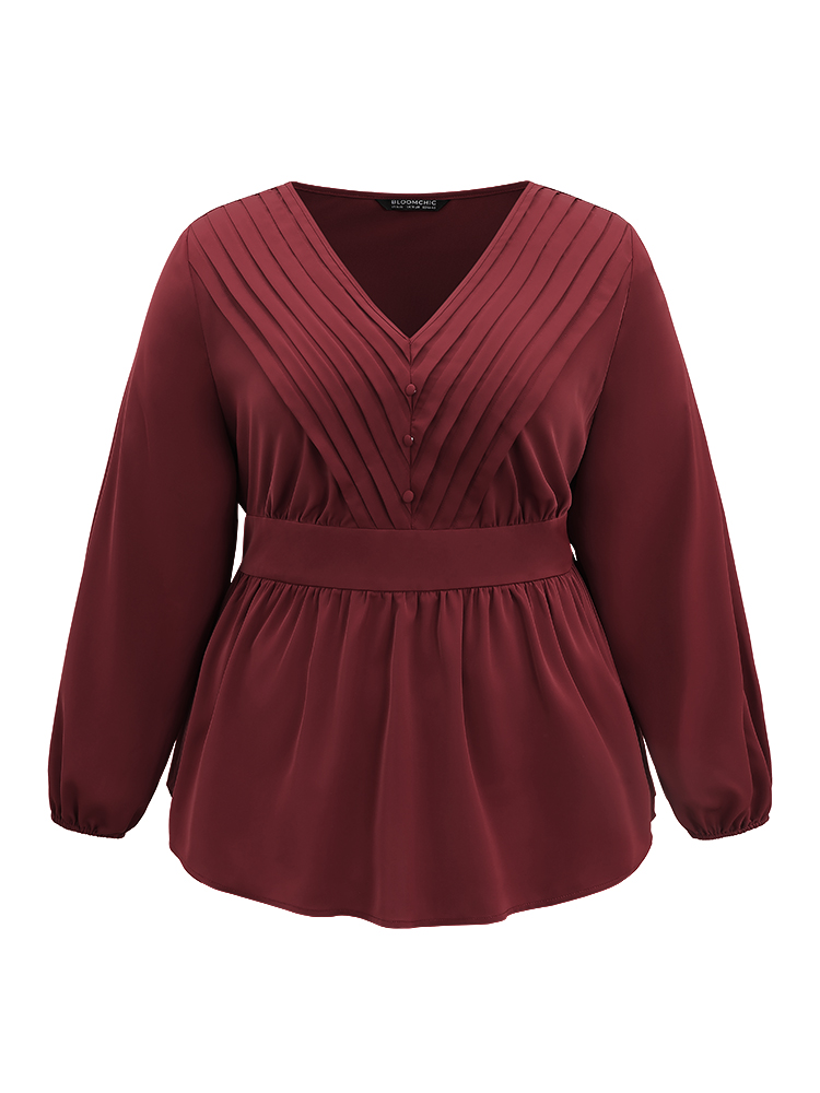 

Plus Size Scarlet Static-Free Pleated Button Detail Lantern Sleeve Blouse Women Office Long Sleeve V-neck Work Blouses BloomChic