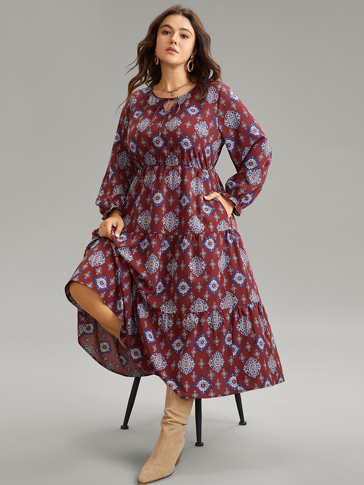 

Plus Size Boho Print Knot Neck Pocket Lantern Sleeve Dress Scarlet Women Vacation Cross straps Tie Neck Long Sleeve Curvy Midi Dress BloomChic