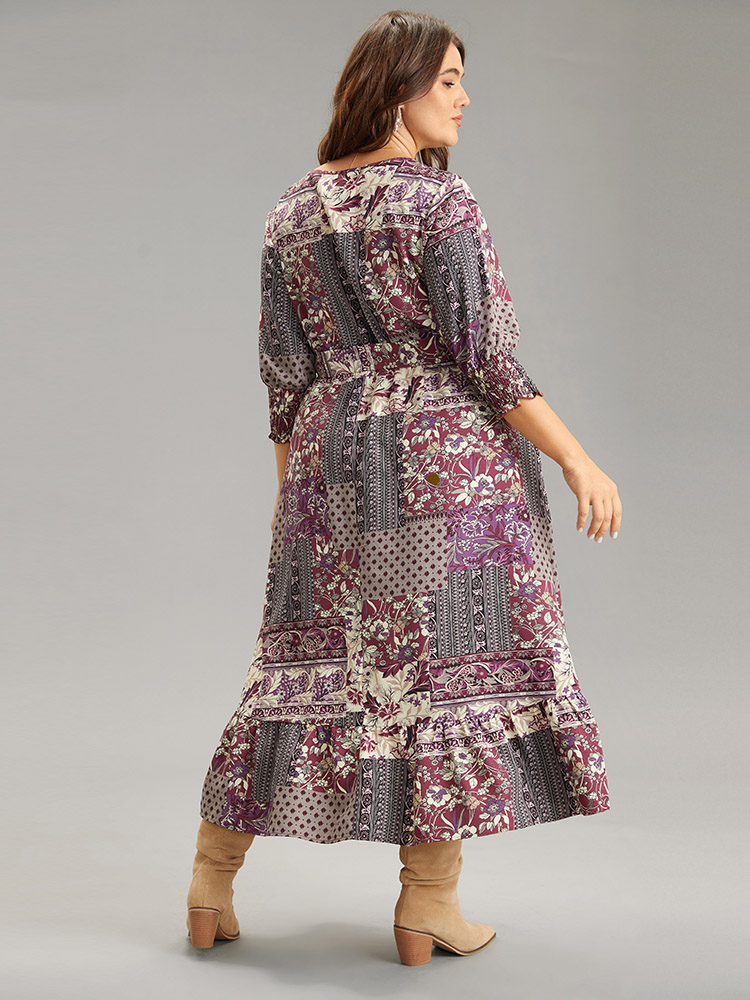 Plus Size Boho Print Belted Shirred Ruffle Layered Hem Dress Purple Women Vacation Belted Round Neck Elbow-length sleeve Curvy Midi Dress BloomChic 14-16/1X 