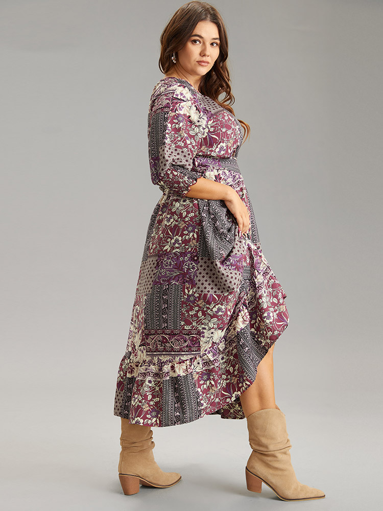 Plus Size Boho Print Belted Shirred Ruffle Layered Hem Dress Purple Women Vacation Belted Round Neck Elbow-length sleeve Curvy Midi Dress BloomChic 14-16/1X 