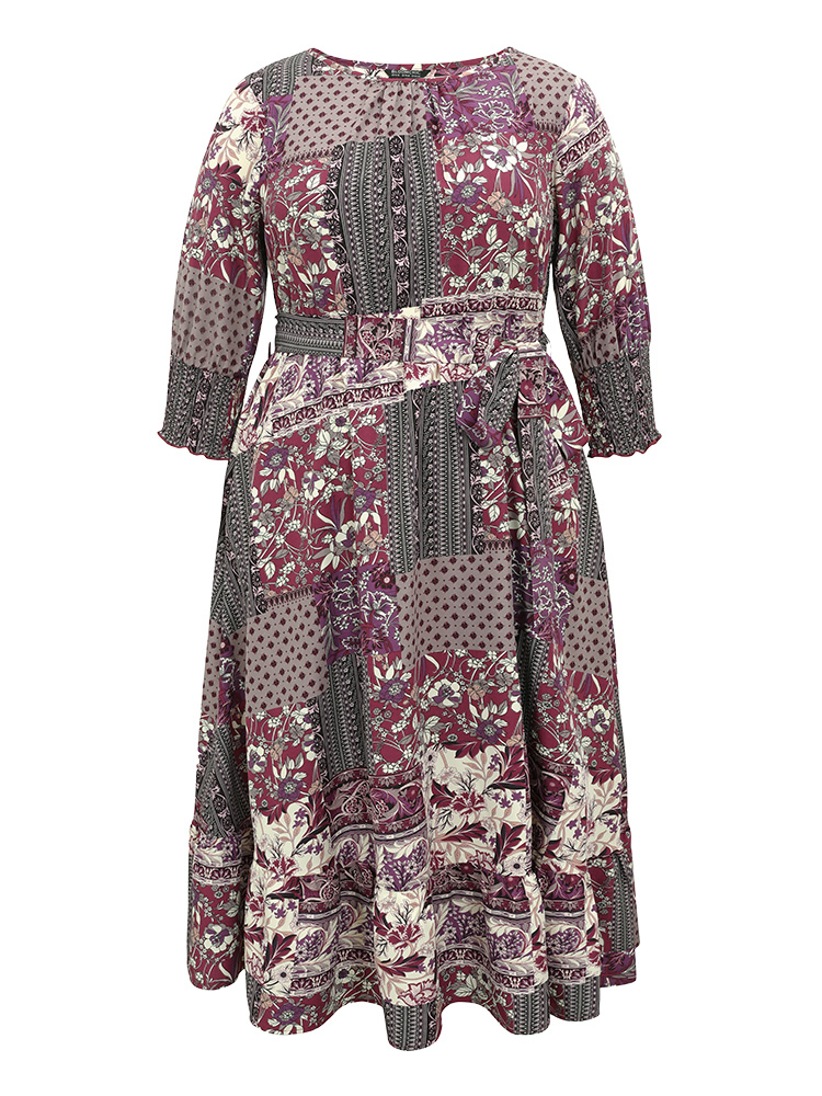 Plus Size Boho Print Belted Shirred Ruffle Layered Hem Dress Purple Women Vacation Belted Round Neck Elbow-length sleeve Curvy Midi Dress BloomChic 14-16/1X 