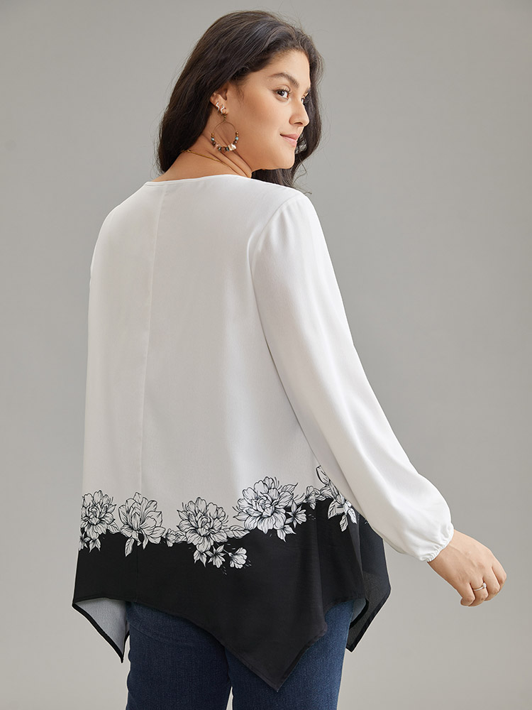 Plus Size Women Vacation Bohemian Print Elastic cuffs Lantern Sleeve Long Sleeve Round Neck Vacation Blouses BloomChic 