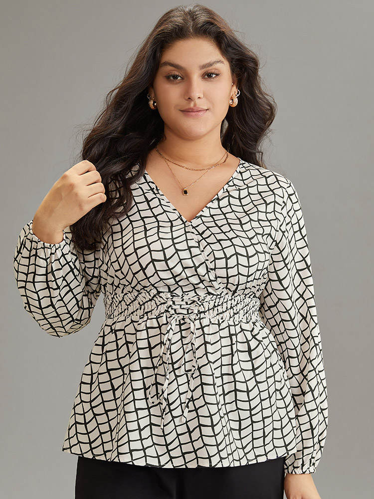 Plus Size Women Work Plaid Elastic cuffs Lantern Sleeve Long Sleeve Overlap Collar Office Blouses BloomChic 
