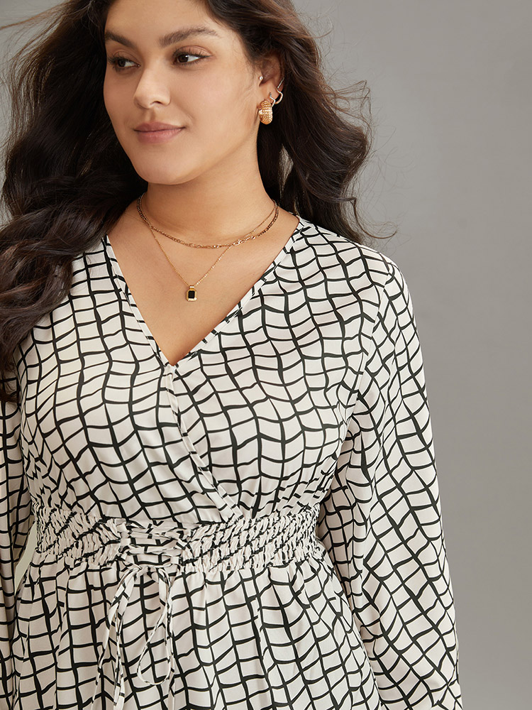 Plus Size Women Work Plaid Elastic cuffs Lantern Sleeve Long Sleeve Overlap Collar Office Blouses BloomChic 