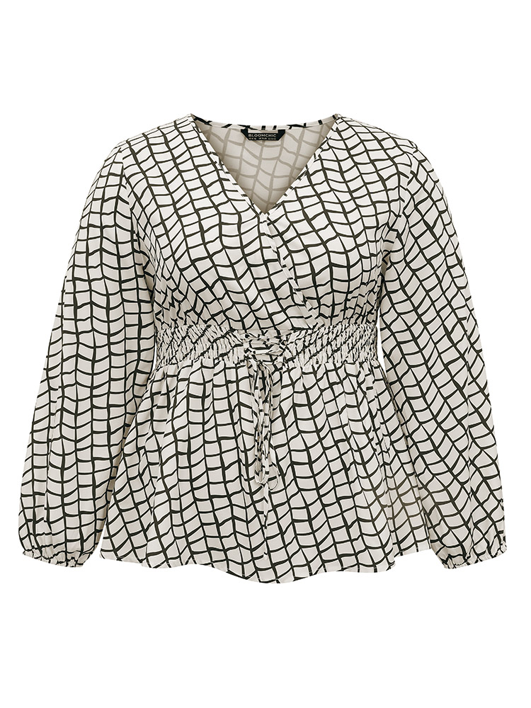 Plus Size Women Work Plaid Elastic cuffs Lantern Sleeve Long Sleeve Overlap Collar Office Blouses BloomChic 