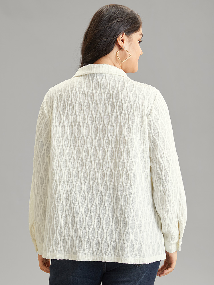 Plus Size Ivory Plain Shirt Collar Tab Sleeve Jacquard Blouse Women Casual Long Sleeve Shirt collar Work Blouses BloomChic 30/6X 