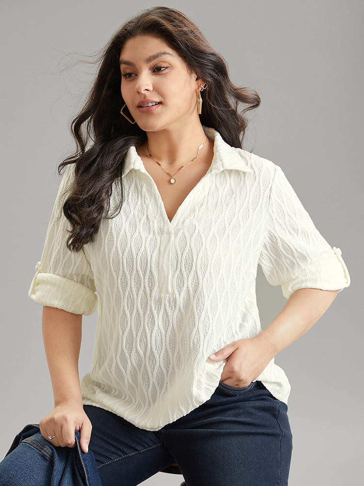 Plus Size Ivory Plain Shirt Collar Tab Sleeve Jacquard Blouse Women Casual Long Sleeve Shirt collar Work Blouses BloomChic 30/6X 