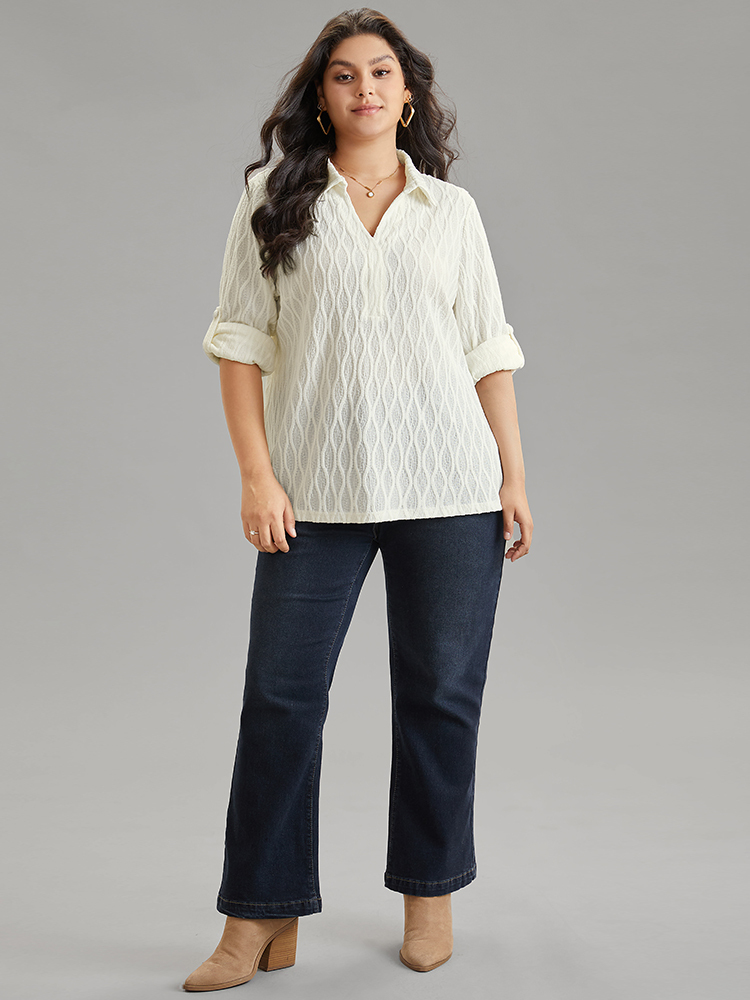 Plus Size Ivory Plain Shirt Collar Tab Sleeve Jacquard Blouse Women Casual Long Sleeve Shirt collar Work Blouses BloomChic 30/6X 