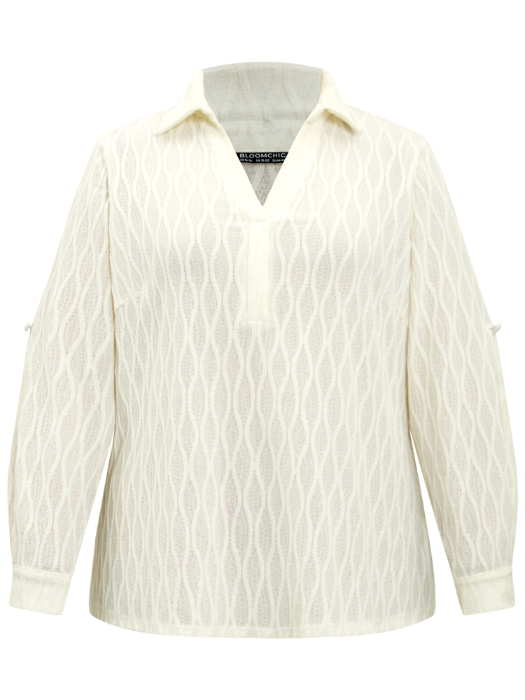 Plus Size Ivory Plain Shirt Collar Tab Sleeve Jacquard Blouse Women Casual Long Sleeve Shirt collar Work Blouses BloomChic 30/6X 