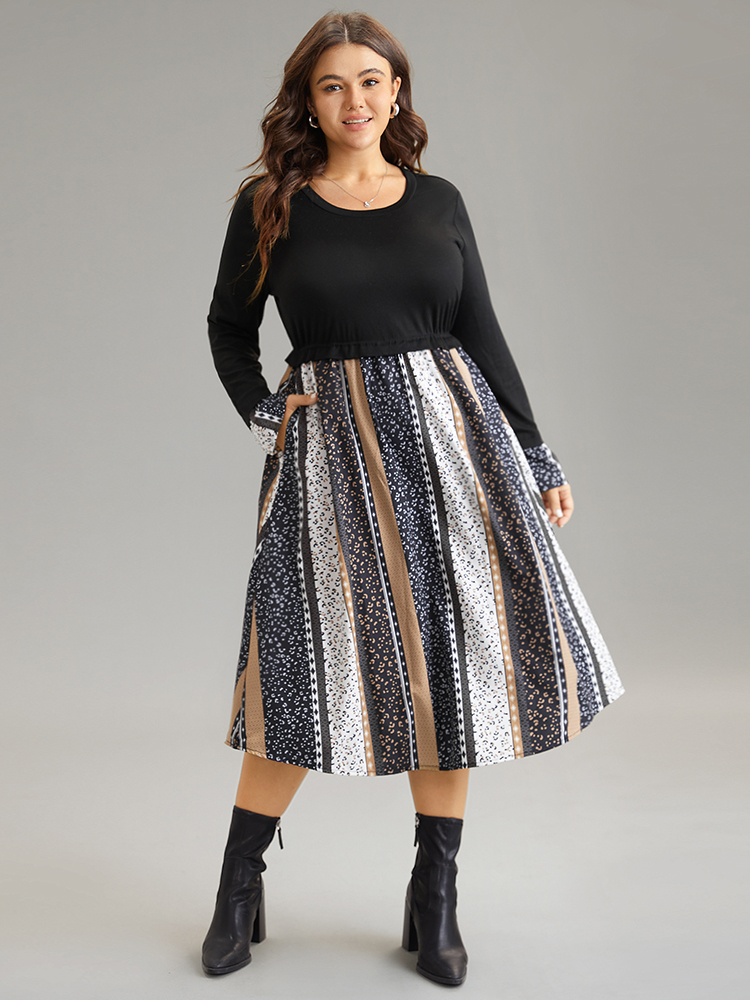 

Plus Size Geometric Colorblock Patchwork Midi Dress Black Women Elegant Printed Round Neck Long Sleeve Curvy Midi Dress BloomChic