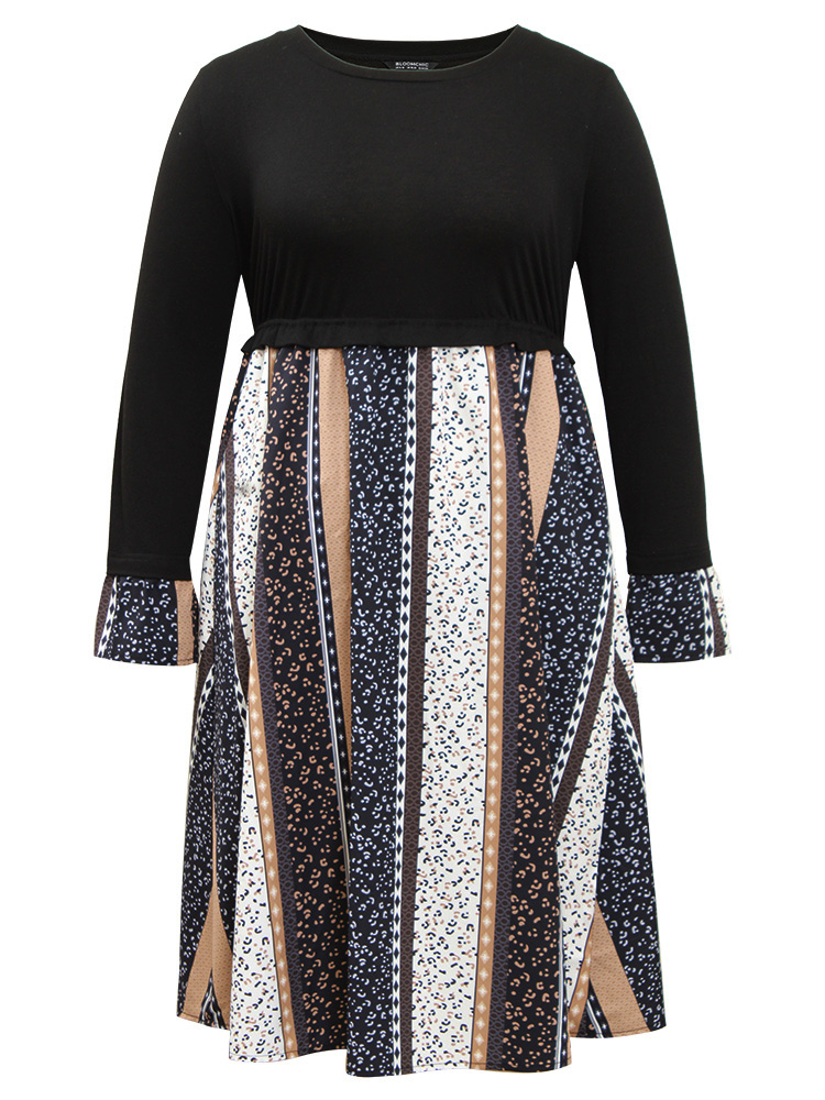 

Plus Size Geometric Colorblock Patchwork Midi Dress Black Women Elegant Printed Round Neck Long Sleeve Curvy Midi Dress BloomChic