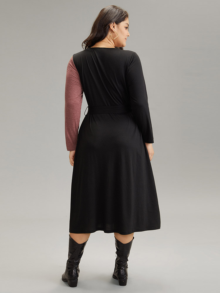 Plus Size Colorblock Patchwork Belted Pocket Long Sleeve Dress Multicolor Women Casual Belted V-neck Long Sleeve Curvy Midi Dress BloomChic 18-20/2X 