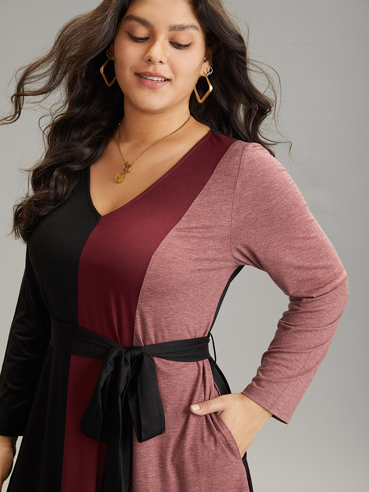 Plus Size Colorblock Patchwork Belted Pocket Long Sleeve Dress Multicolor Women Casual Belted V-neck Long Sleeve Curvy Midi Dress BloomChic 18-20/2X 
