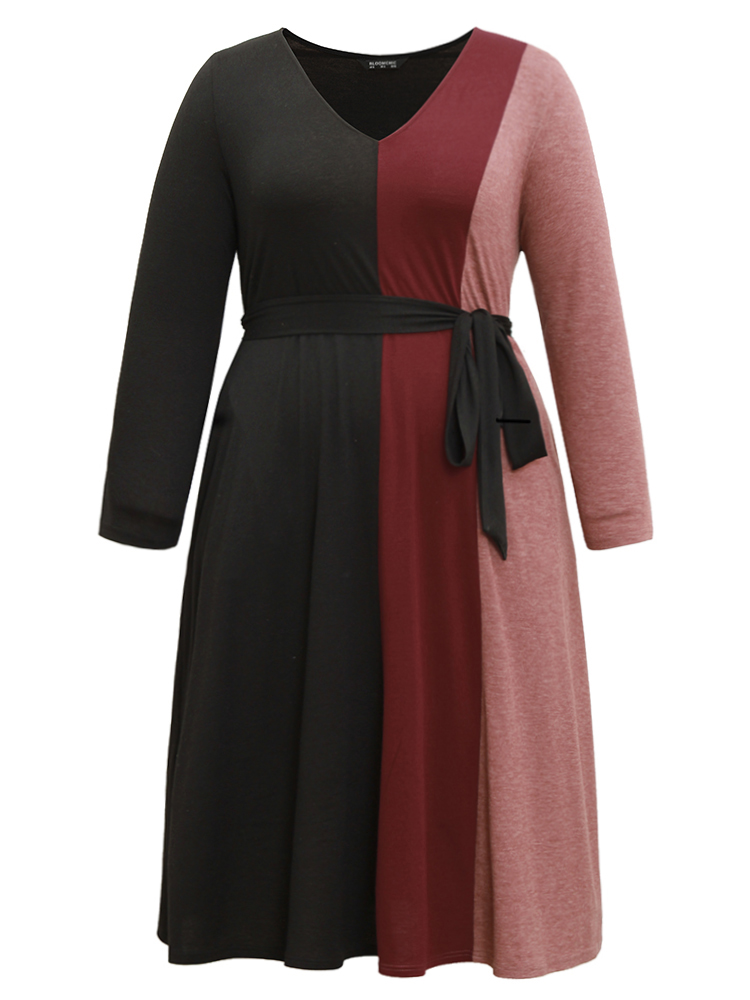 Plus Size Colorblock Patchwork Belted Pocket Long Sleeve Dress Multicolor Women Casual Belted V-neck Long Sleeve Curvy Midi Dress BloomChic 18-20/2X 