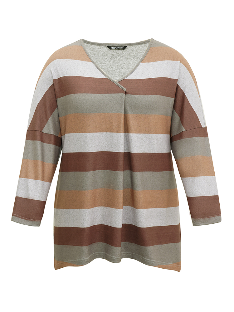 

Plus Size Colour Striped Contrast Pocket Dolman Sleeve Tunic T-shirt Multicolor V-neck Long Sleeve Casual Jersey Tops