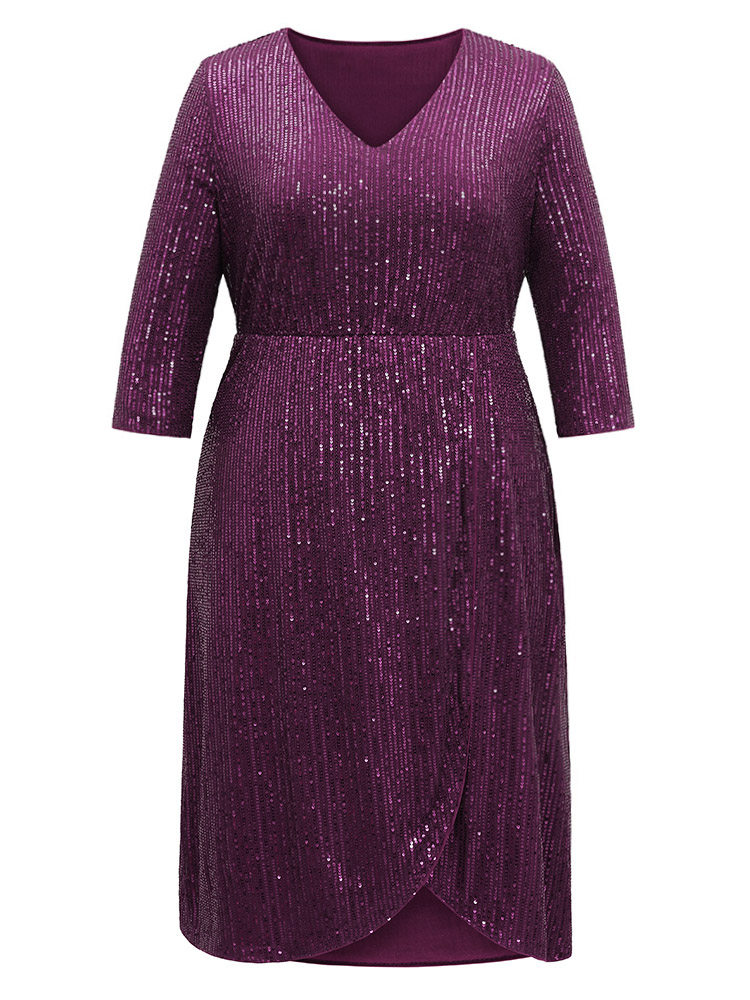 

Plus Size Solid Sequin Wrap Hem Elastic Waist Dress Purple Women Cocktail Sequin V-neck Elbow-length sleeve Curvy Midi Dress BloomChic