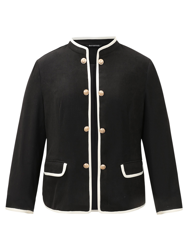 

Plus Size Corduroy Metal Detail Contrast Trim Flap Pocket Blazer Women Black Office Lined Ladies Work Winter Coats BloomChic