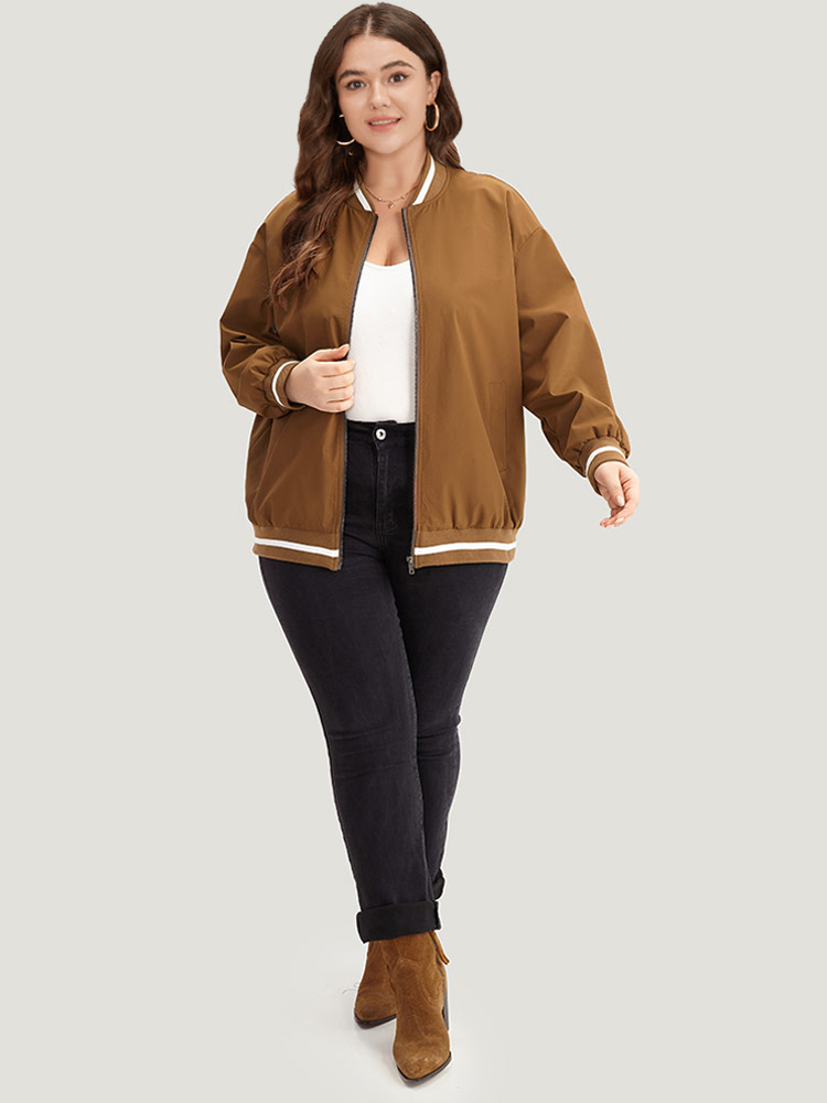 

Plus Size Letter Embroidered Pocket Baseball Collar Jacket Women DarkBrown Rib Knit Pocket Dailywear Jackets BloomChic