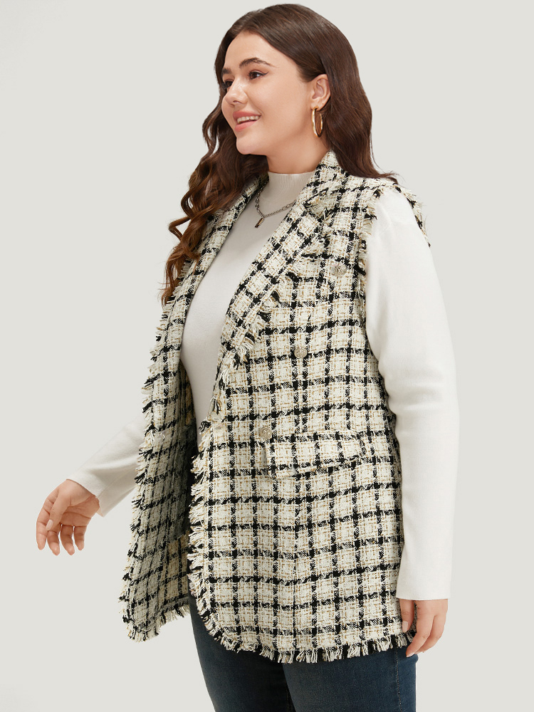 

Plus Size Plaid Sleeveless Flap Pocket Button Up Blazer White Women Work Plaid Contrast Sleeve Long Sleeve Suit Collar  Pocket Casual Blazers BloomChic