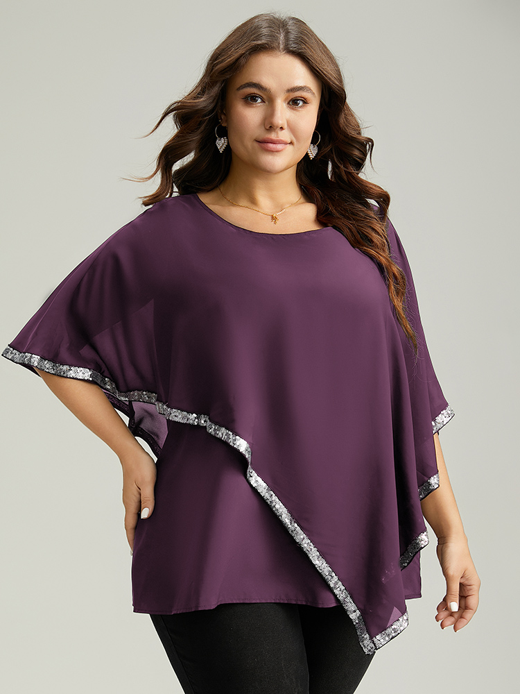 

Plus Size Purple Sequin Patchwork Asymmetrical Dolman Sleeve Blouse Women Glamour Half Sleeve Round Neck Festival-Christmas Blouses BloomChic