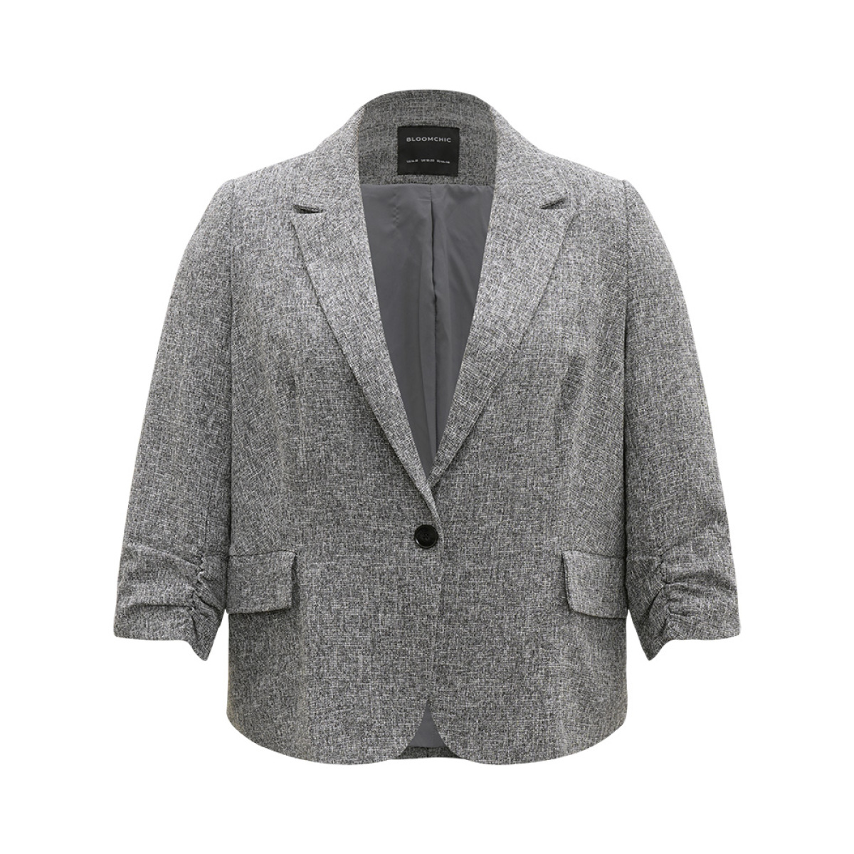 

Plus Size Coarse Tweed Ruched Cuffs Flap Pocket Blazer DimGray Women Work Plain Texture Sleeve Long Sleeve Suit Collar  At the Office Blazers BloomChic