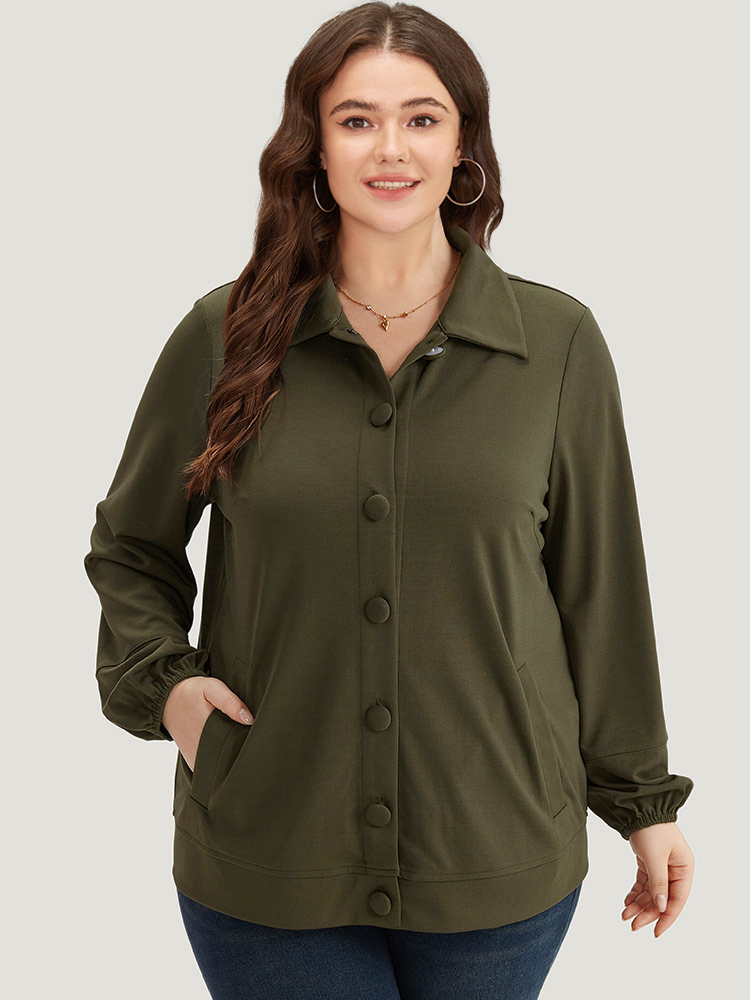 

Plus Size Plain Slant Pocket Button Up Elastic Cuffs Jacket Women ArmyGreen Elastic cuffs Pocket Everyday Jackets BloomChic