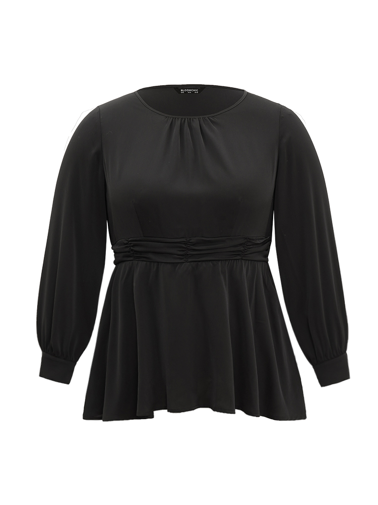 

Plus Size Black Anti-Wrinkle Plain Ruched Elastic Waist Blouse Women Office Long Sleeve Round Neck Work Blouses BloomChic