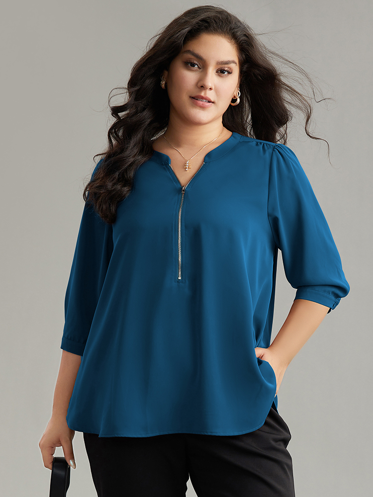 

Plus Size Aegean Plain Half Zip Gathered Blouse Women Work From Home Elbow-length sleeve V-neck Work Blouses BloomChic