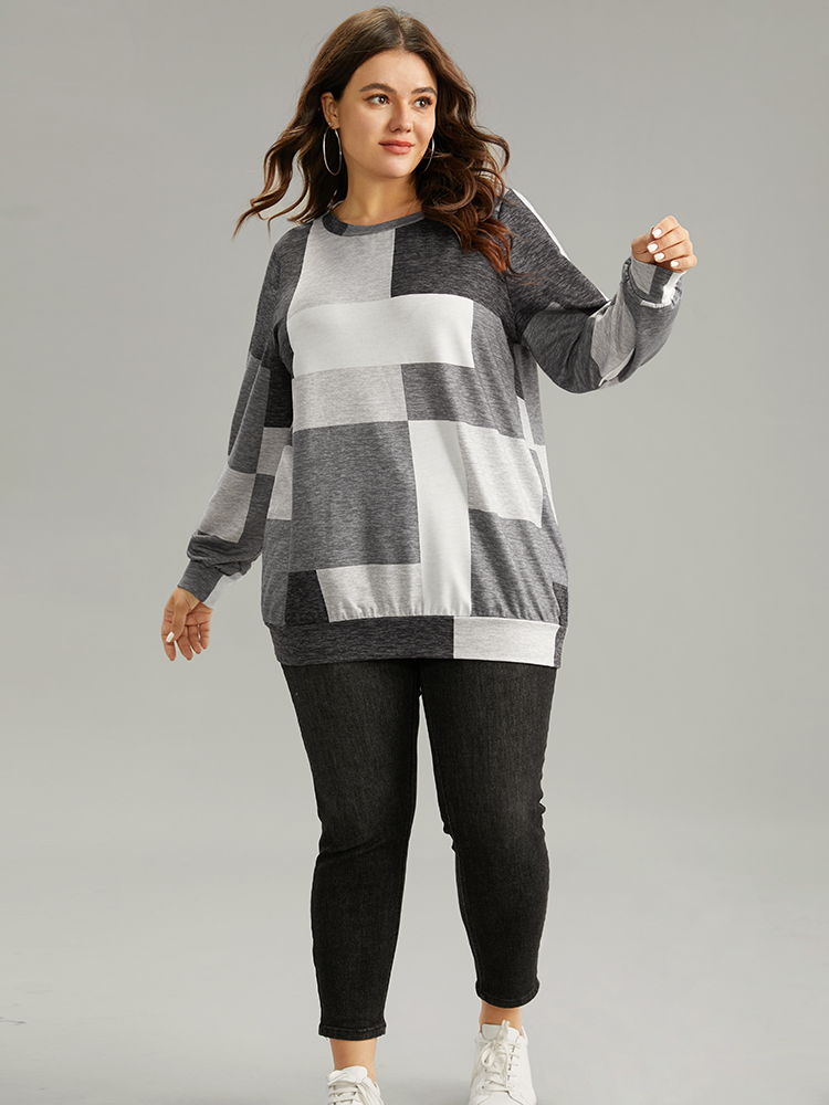 Plus Size Asymmetrical Colorblock Contrast Crew Neck Sweatshirt Women Black Casual Contrast Round Neck Dailywear Sweatshirts BloomChic 14-16/1X 