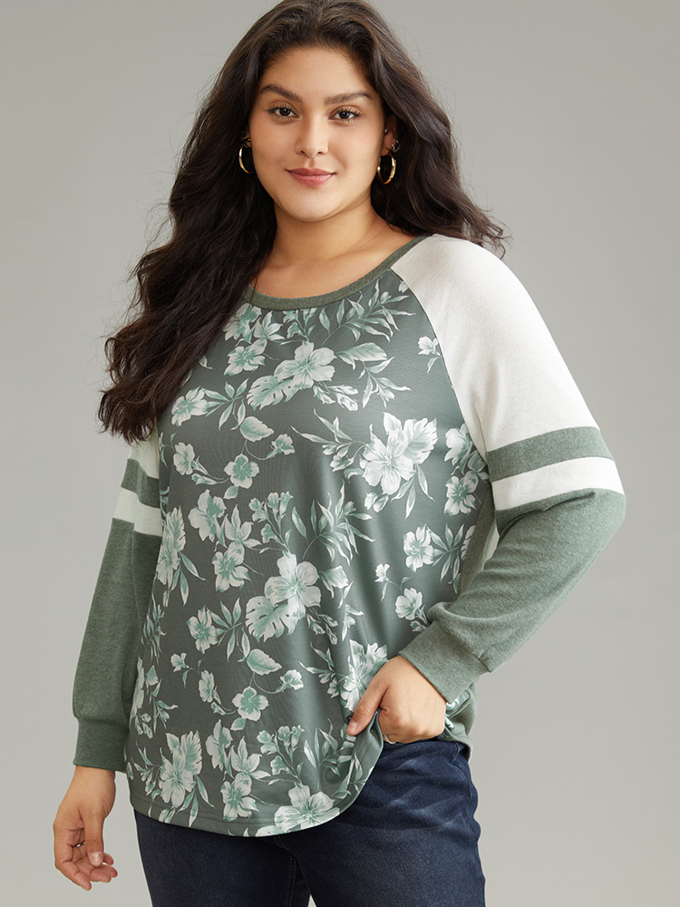 

Plus Size Floral Contrast Crew Neck Raglan Sleeve Sweatshirt Women Mint Elegant Contrast Round Neck Dailywear Sweatshirts BloomChic