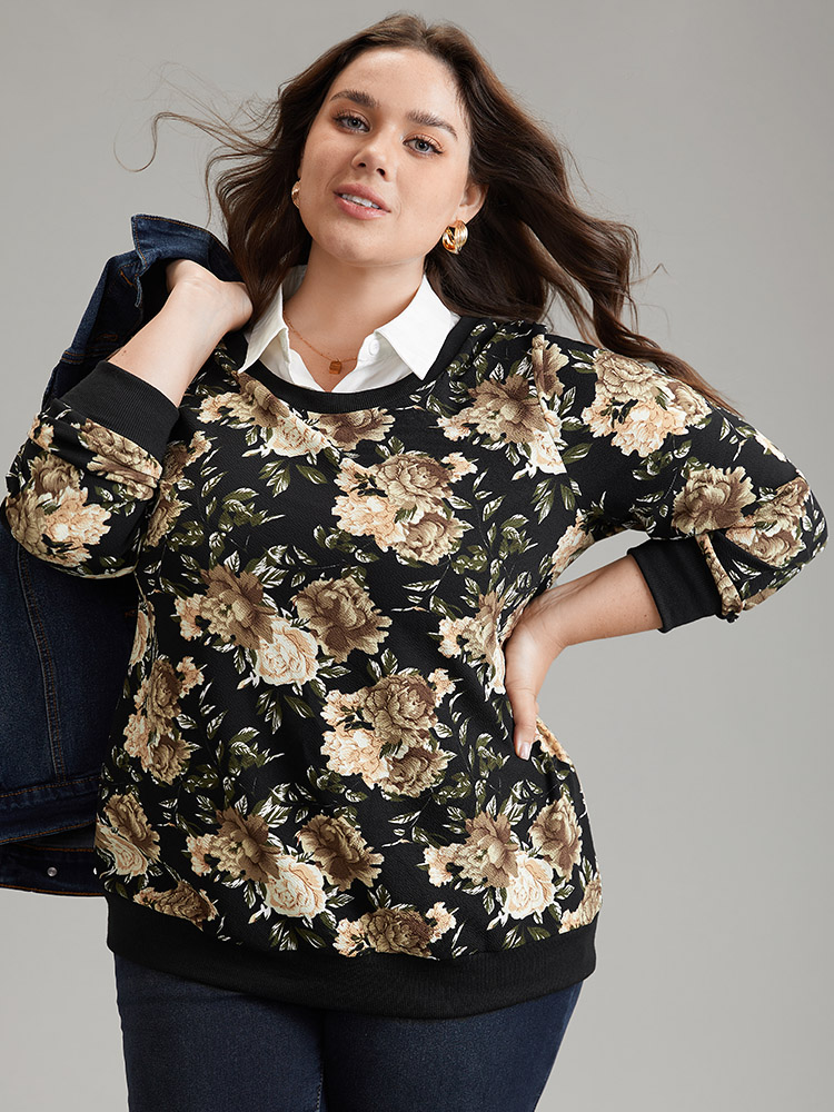 Plus Size Women Dailywear Floral Printed Regular Regular Sleeve Long Sleeve Shirt collar Elegant Sweatshirts BloomChic 
