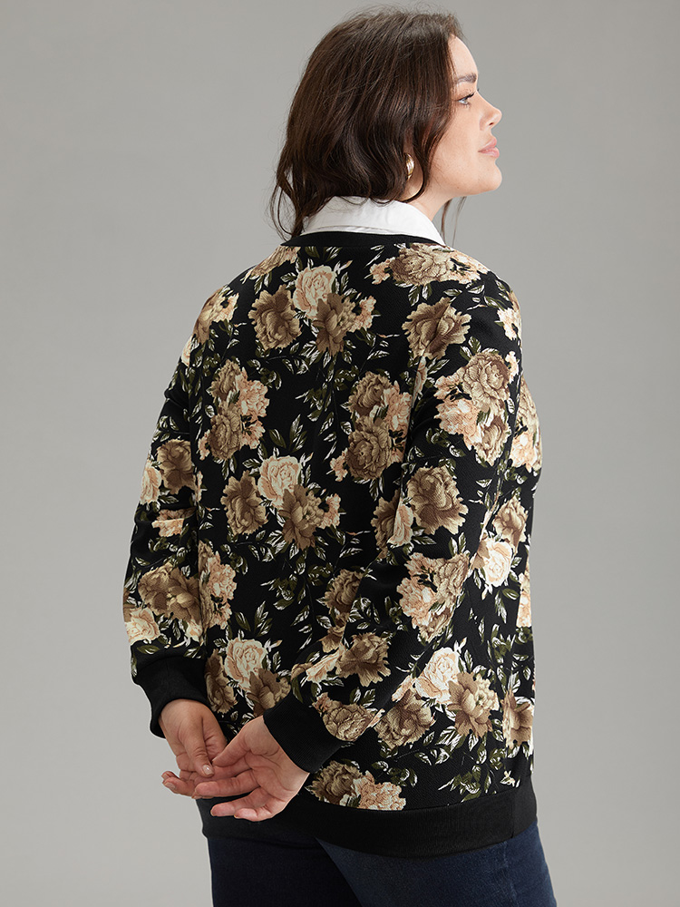 Plus Size Women Dailywear Floral Printed Regular Regular Sleeve Long Sleeve Shirt collar Elegant Sweatshirts BloomChic 